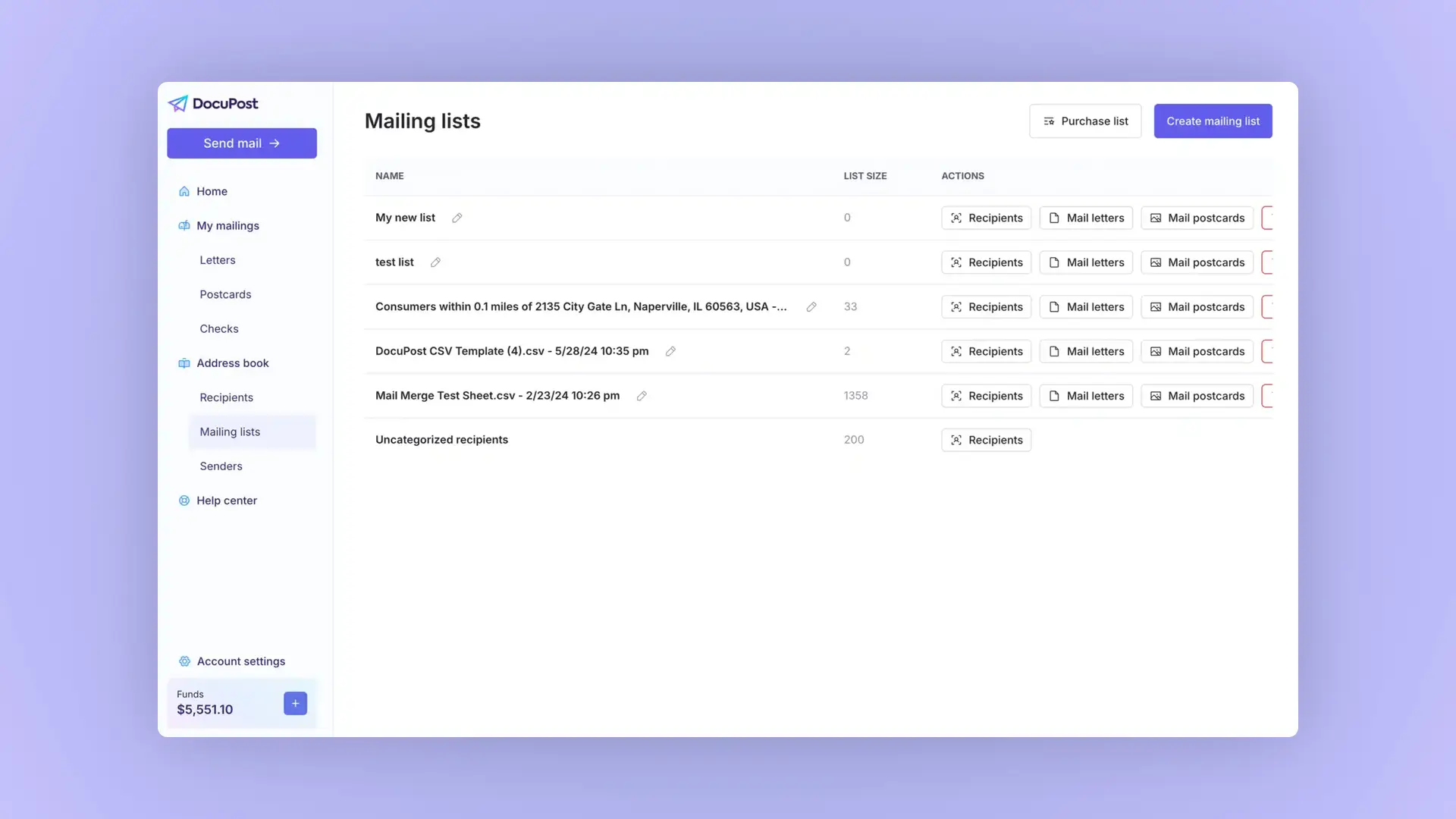 DocuPost Mailing lists page showing various mailing lists with options to manage recipients and send mail.