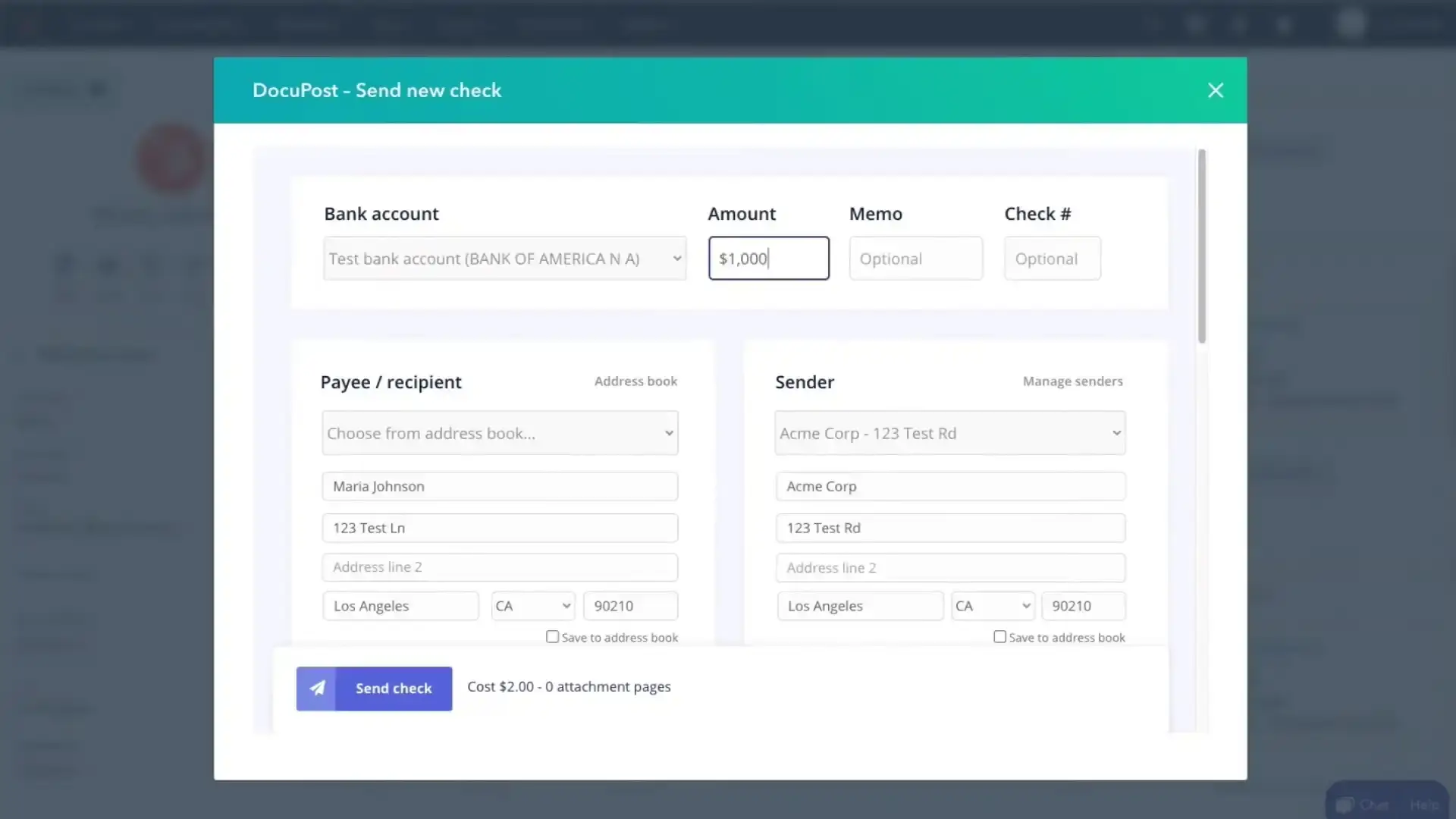 DocuPost Send New Check interface showing bank account selection, payee and sender details, and send check button.