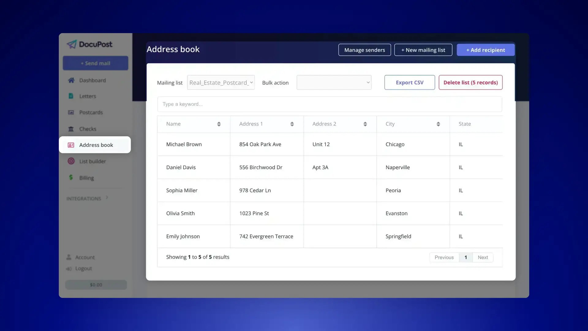 DocuPost Address Book feature showing a list of recipients with options to manage senders, add recipients, and export or delete lists.