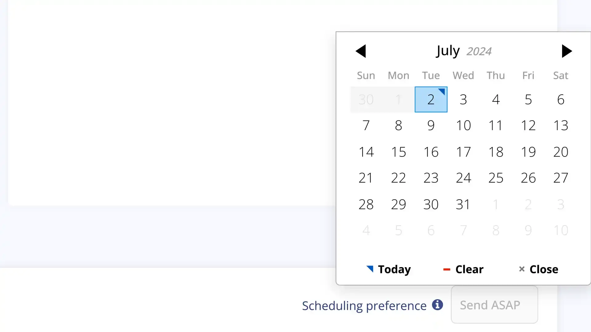 DocuPost Send Letter feature calendar for scheduling mail in July 2024.