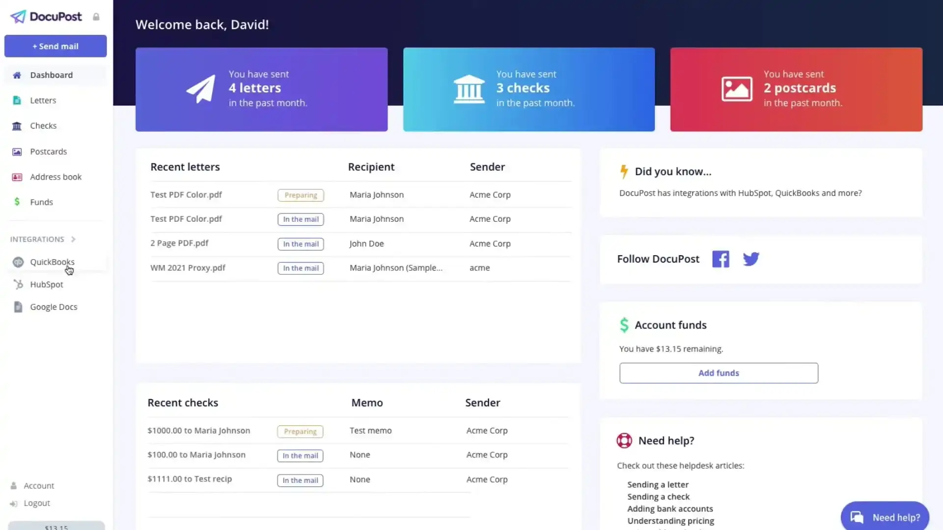 DocuPost dashboard showing recent activity and integrations with QuickBooks.