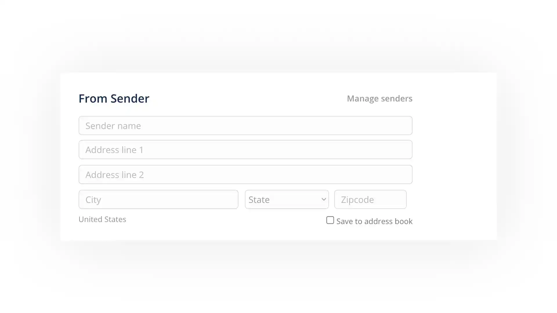 DocuPost Send Postcard From Sender section with address fields and manage senders option.