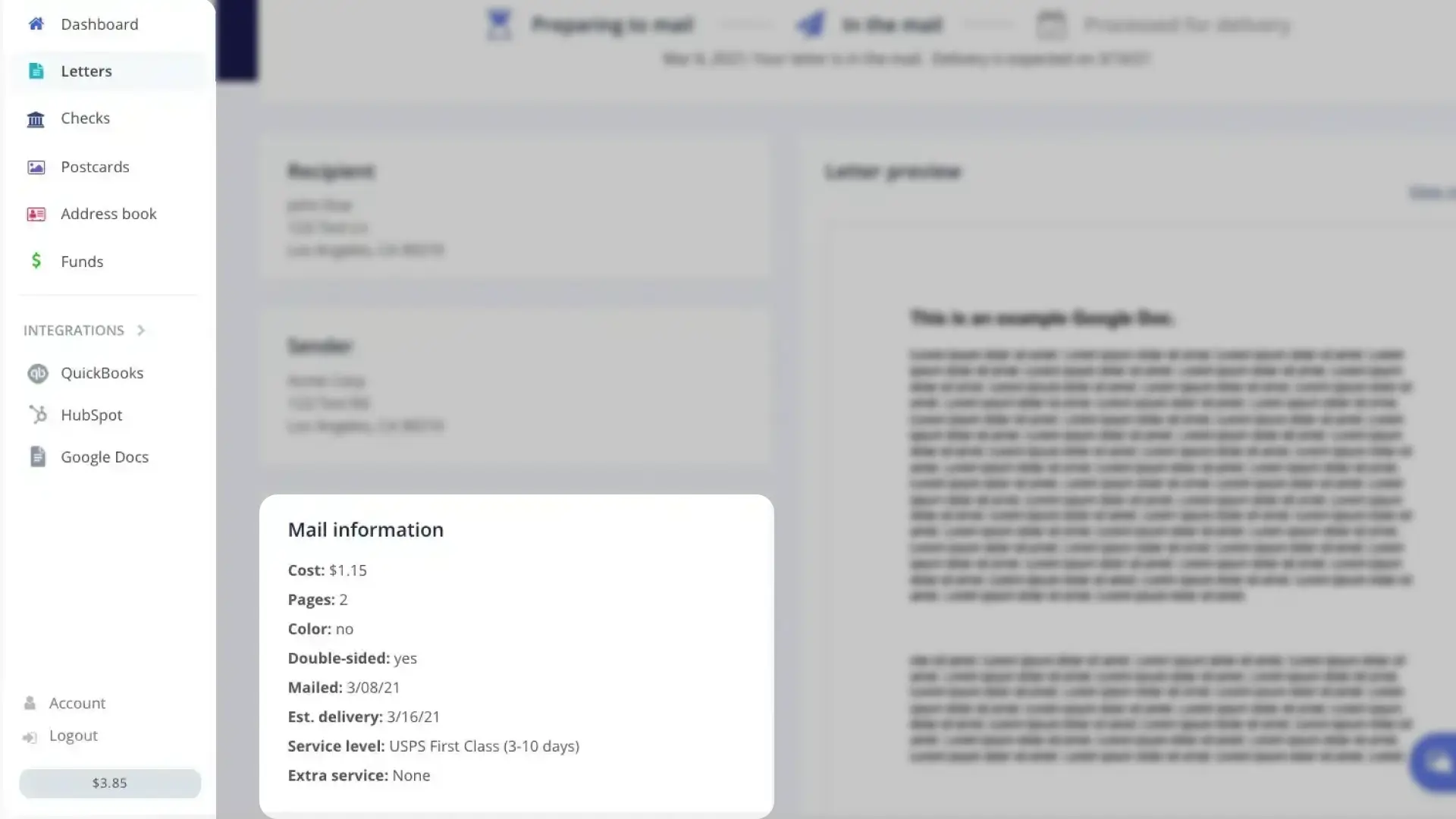 DocuPost Track Sent Letters screen showing mail information and letter preview.