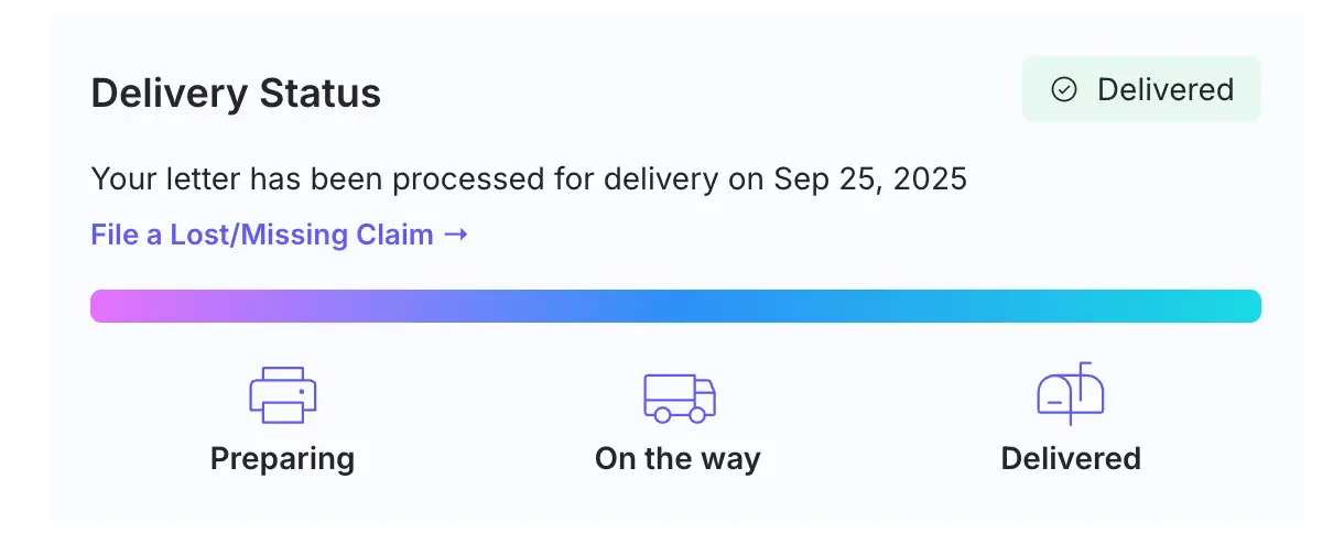 DocuPost Delivery Status screen showing a delivered letter with options to file a lost or missing claim.