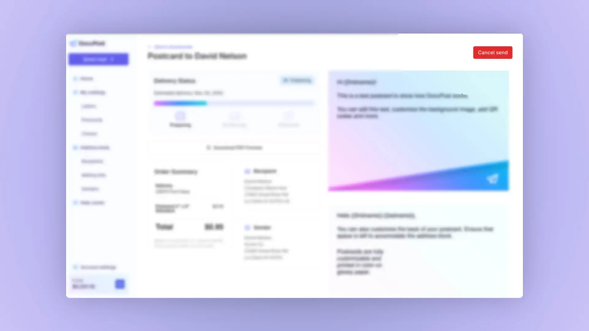 DocuPost Postcard to David Nelson screen showing delivery status, order summary, and postcard preview with a cancel send button.