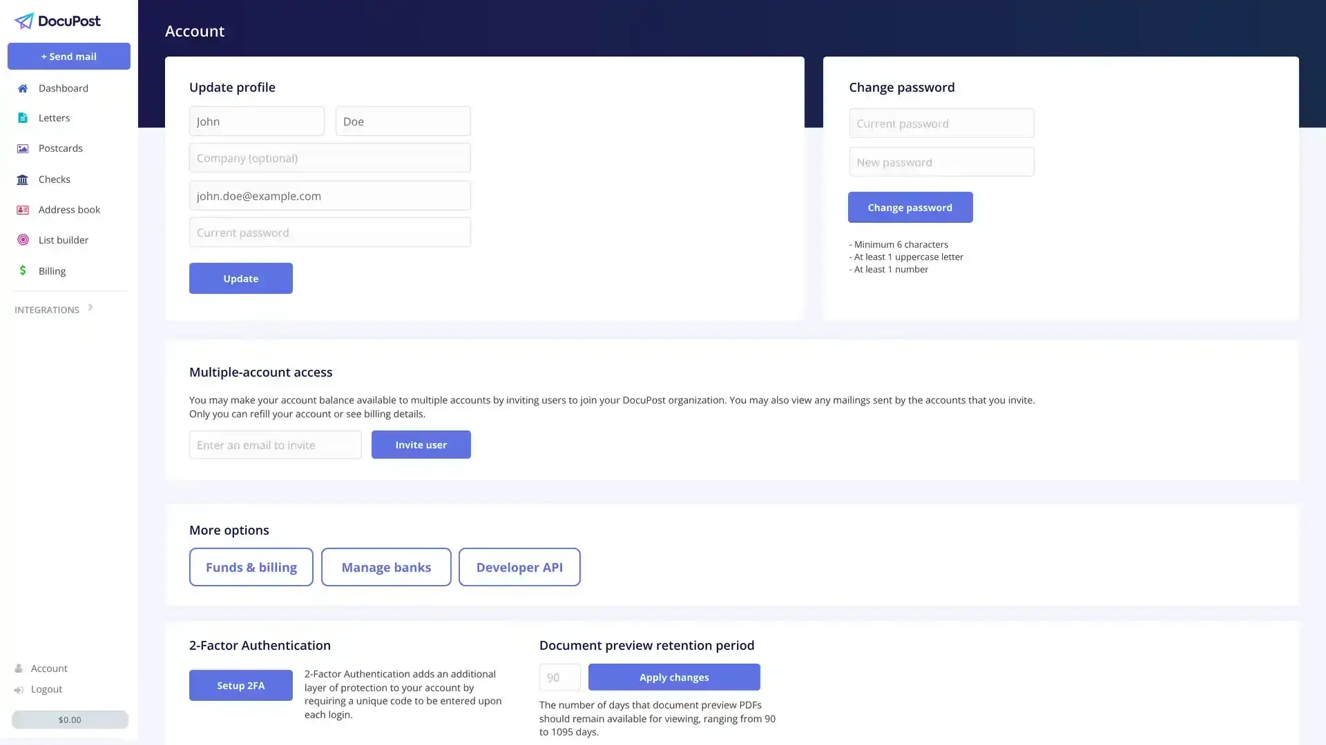 DocuPost Account Quick Start screen with profile update, password change, multiple-account access, and more options.