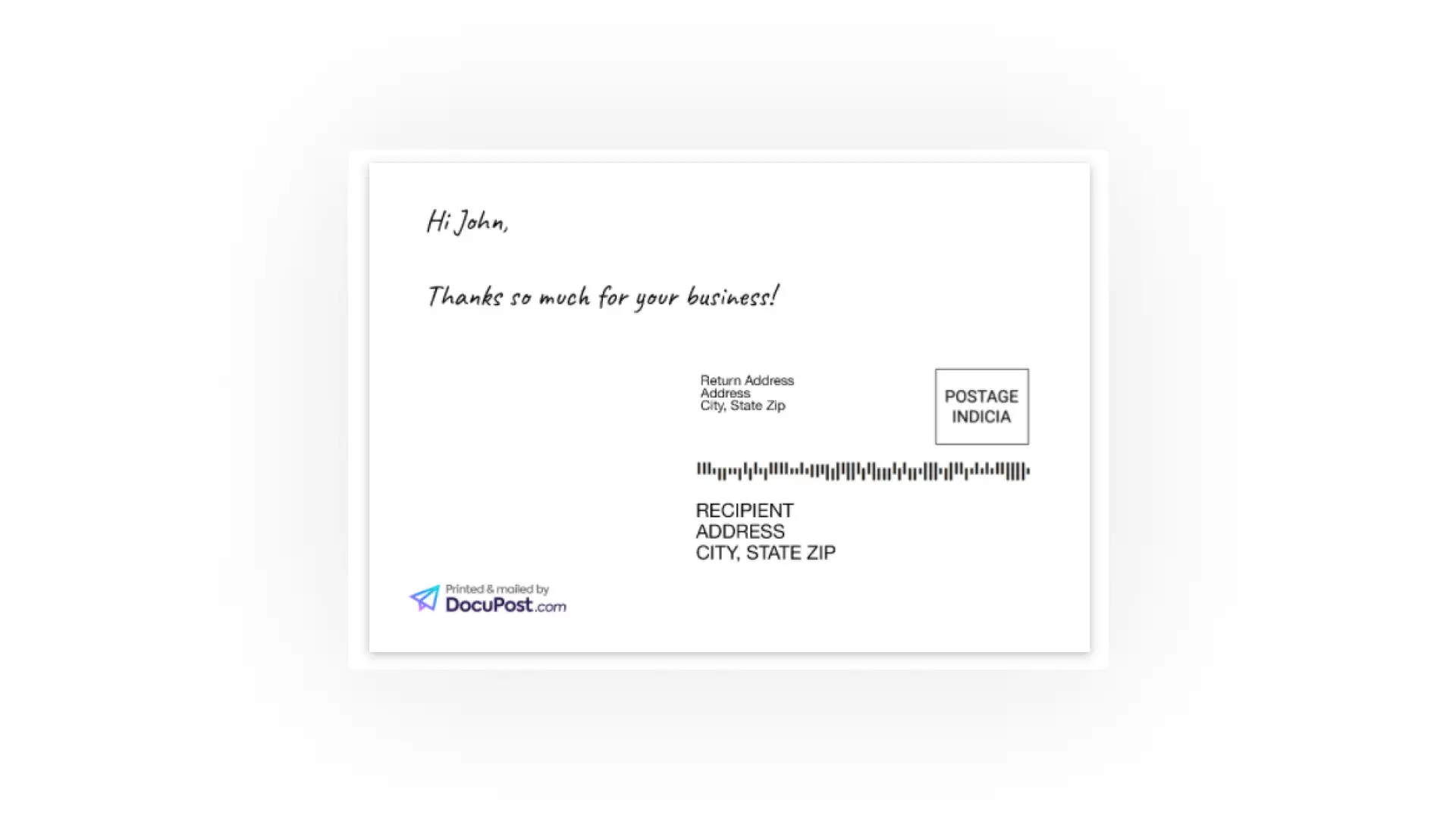 DocuPost sample envelope layout with branding