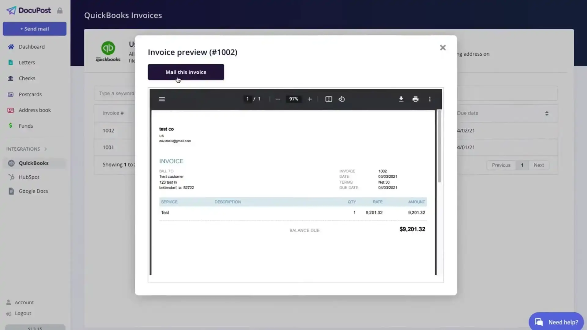 DocuPost QuickBooks Invoices integration screen showing invoice preview and mailing options.