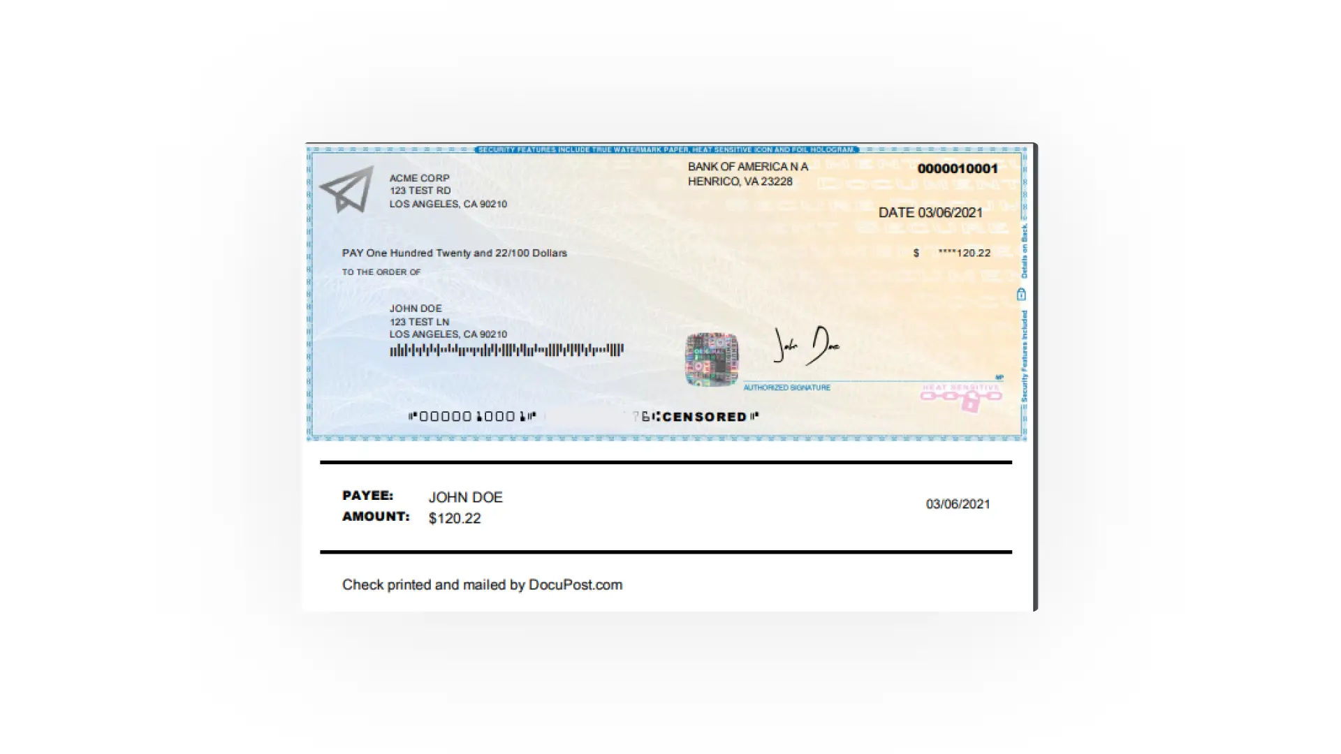 DocuPost check issued by ACME Corp to John Doe for $120.22