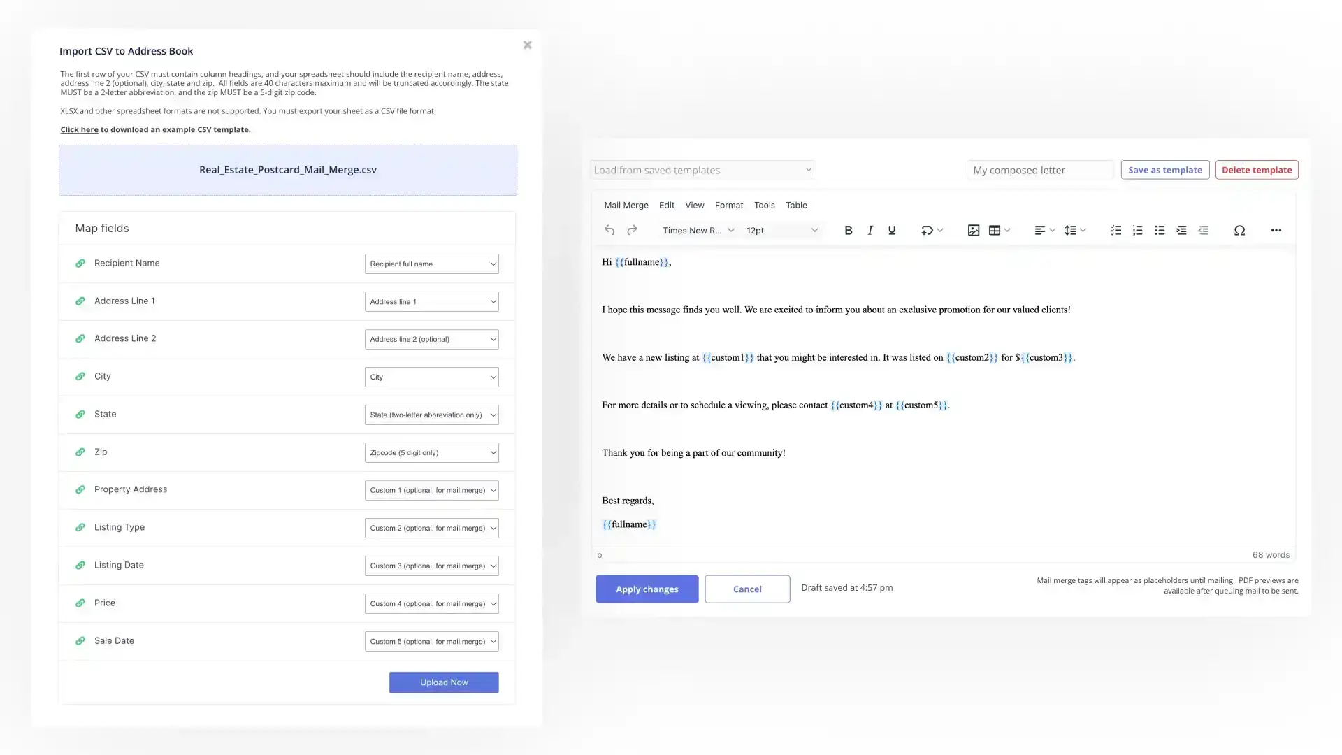 DocuPost interface showing CSV import for address book and letter composition with mail merge fields.