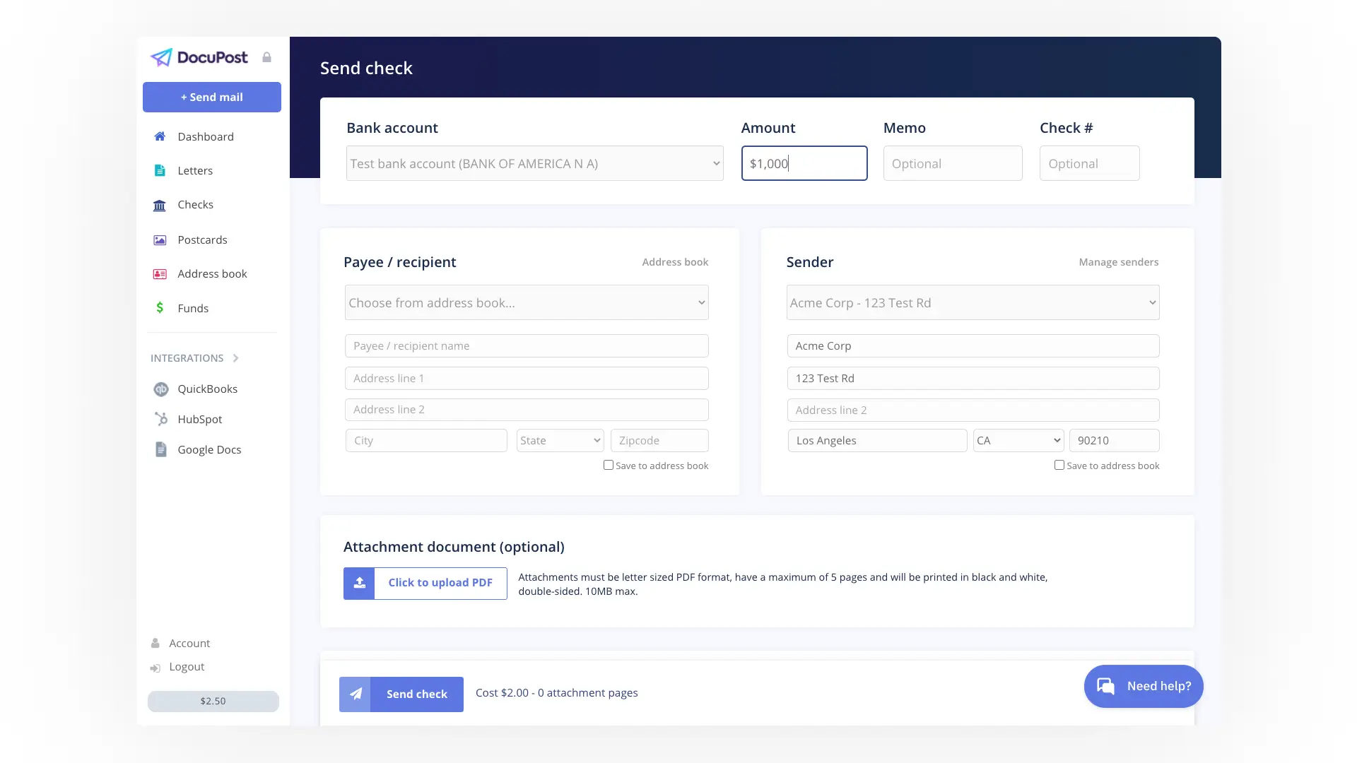 DocuPost Send Check screen with fields for bank account, amount, memo, check number, payee, sender, and optional document attachment.