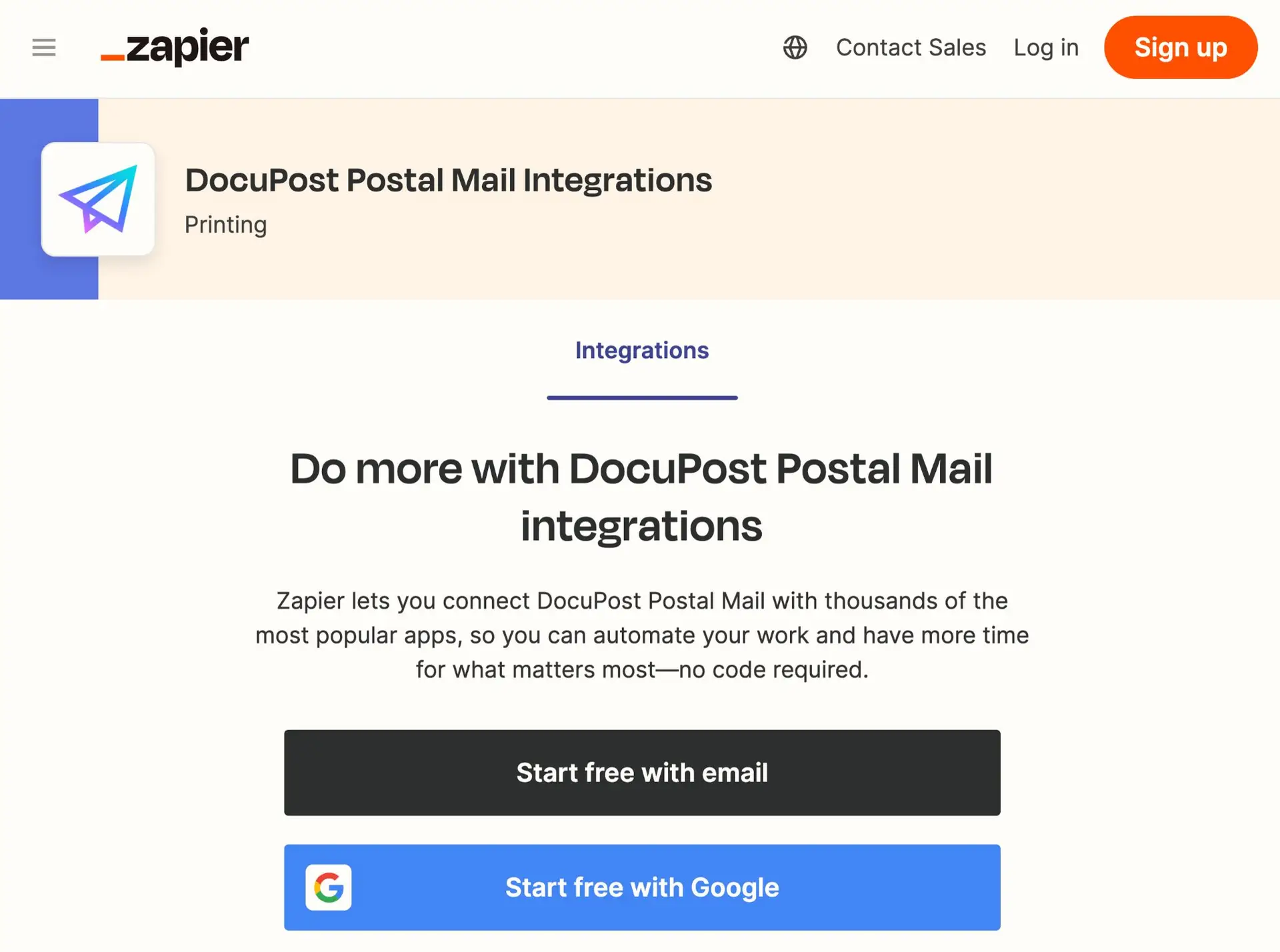 Zapier DocuPost Postal Mail Integrations page