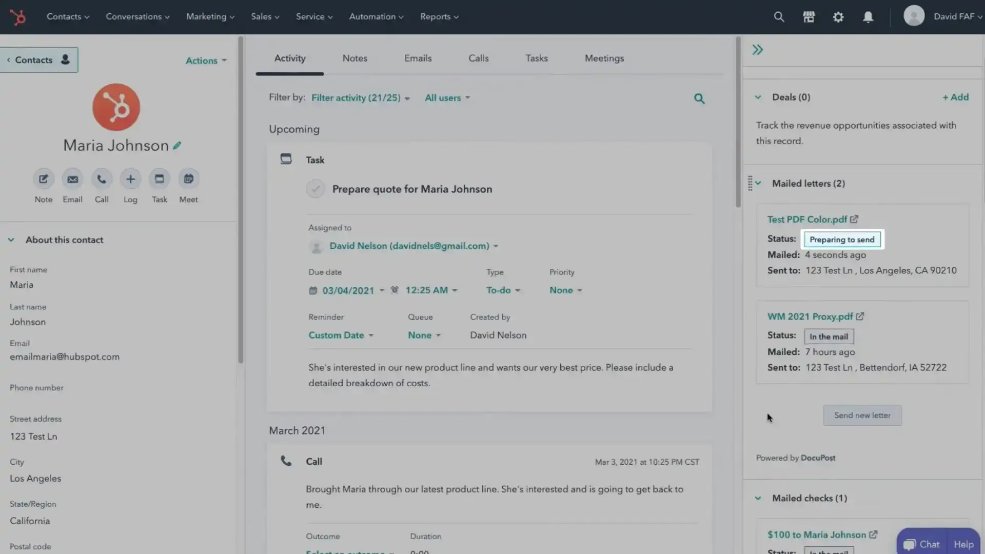 HubSpot contact activity page for Maria Johnson with DocuPost integration