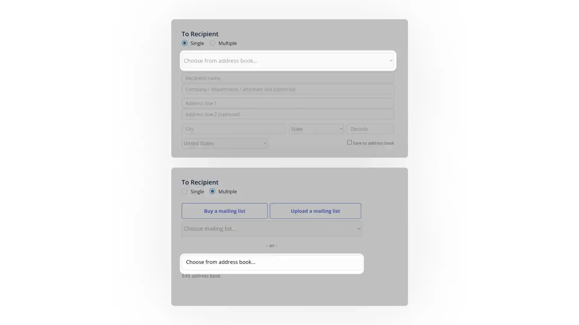 DocuPost Send Postcard recipient selection screen with options for single or multiple recipients.