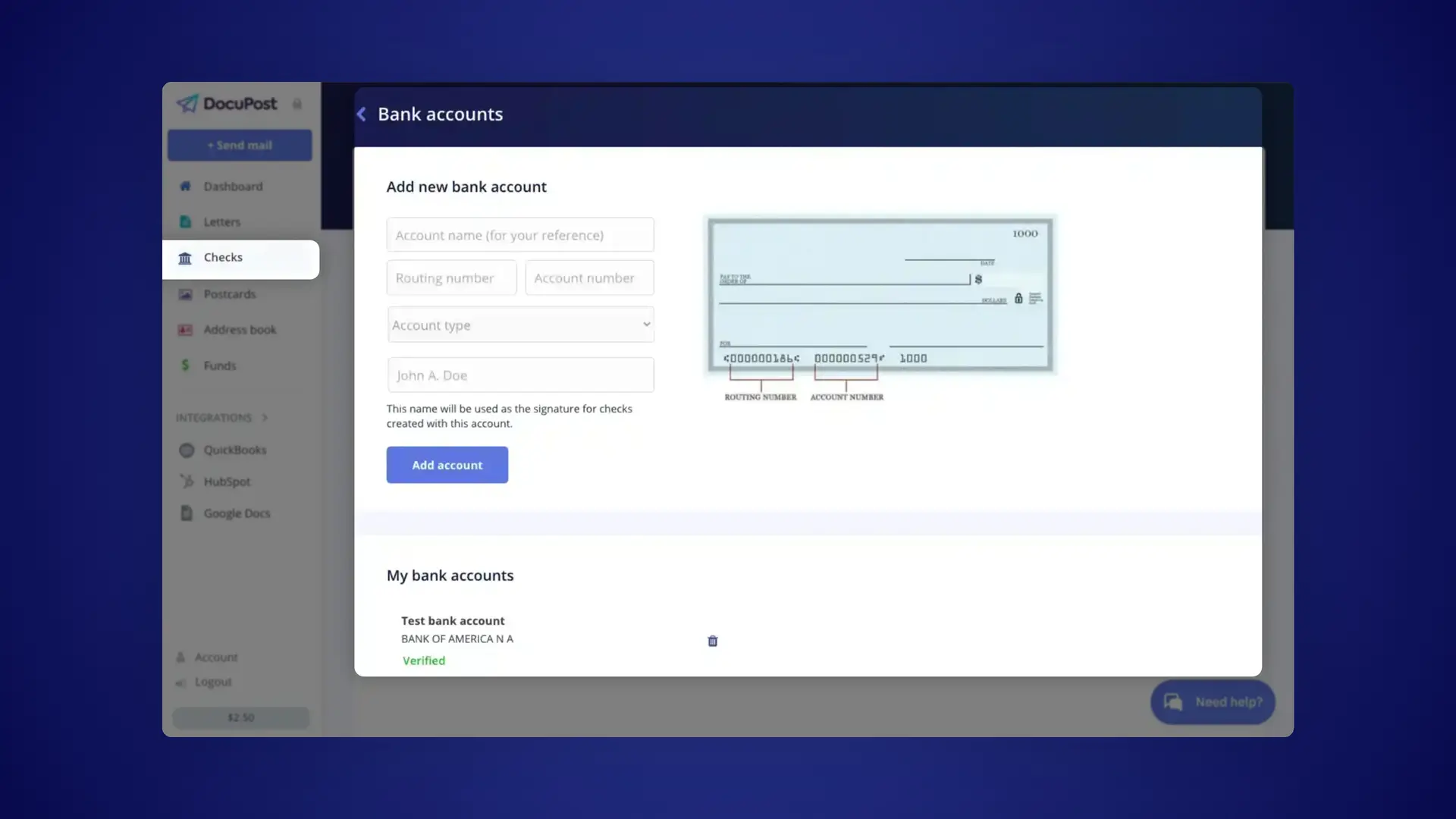 DocuPost Bank accounts - Add new bank account screen