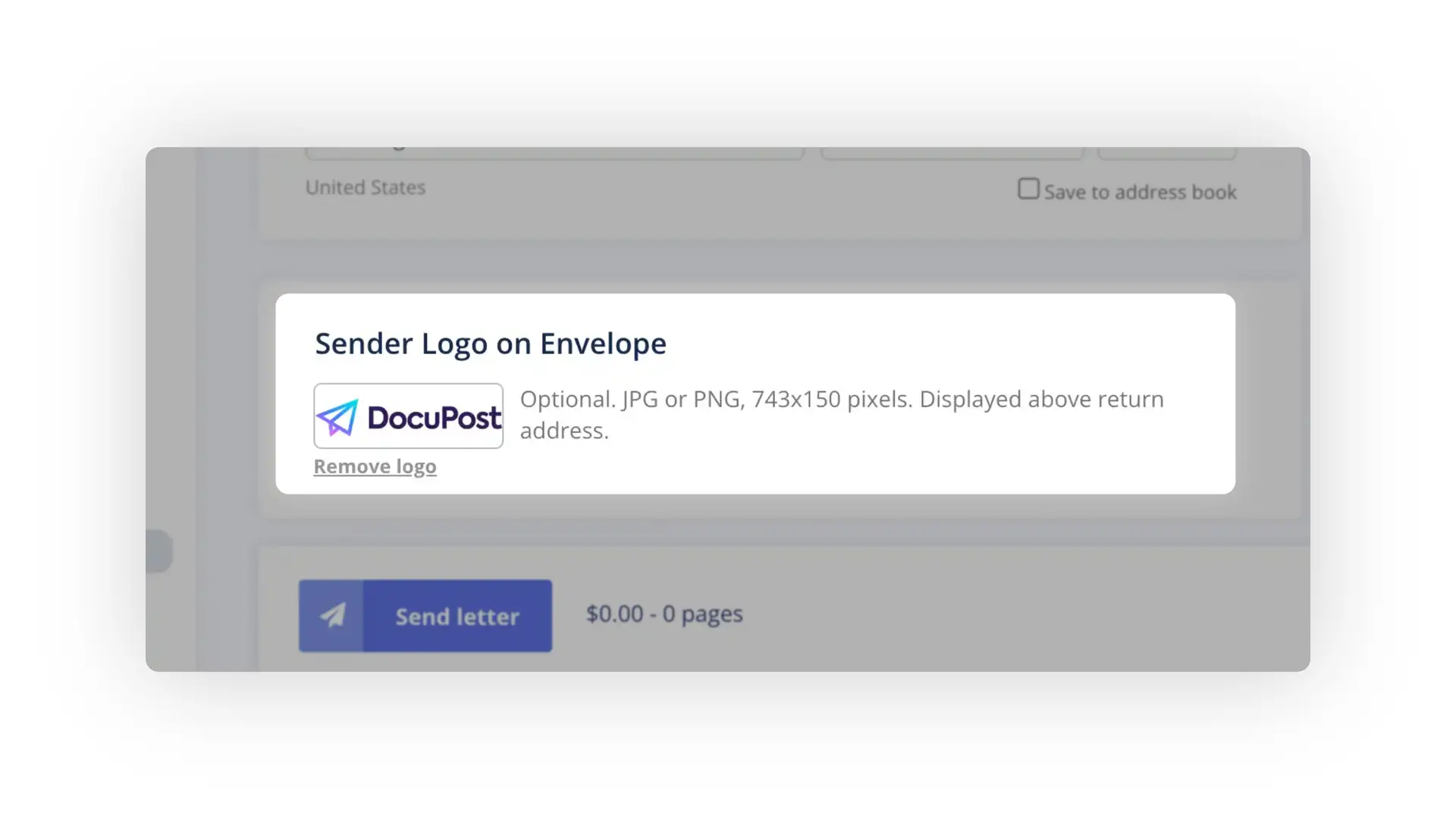 DocuPost Send Letter screen with sender logo and send button