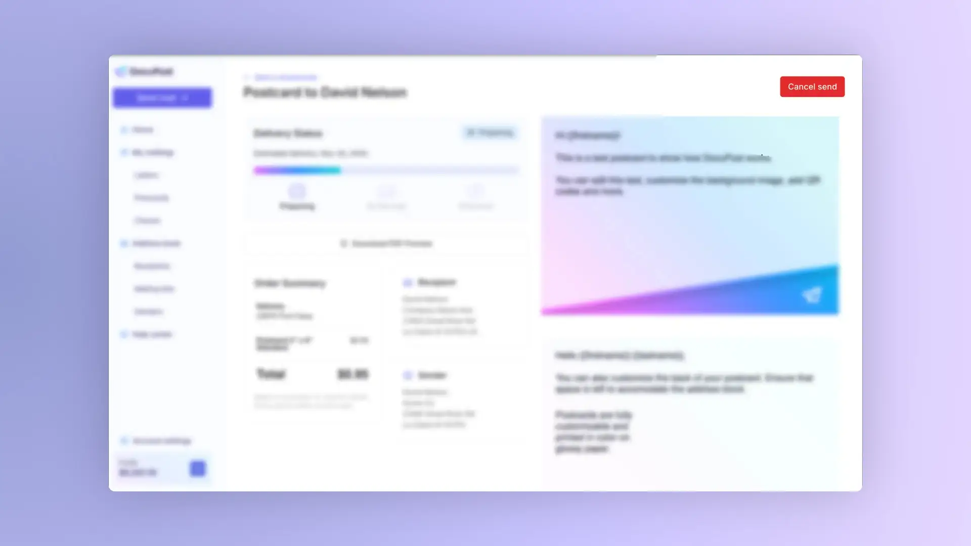 DocuPost Letters - Postcard to David Nelson page showing delivery status and order summary with cancel send option