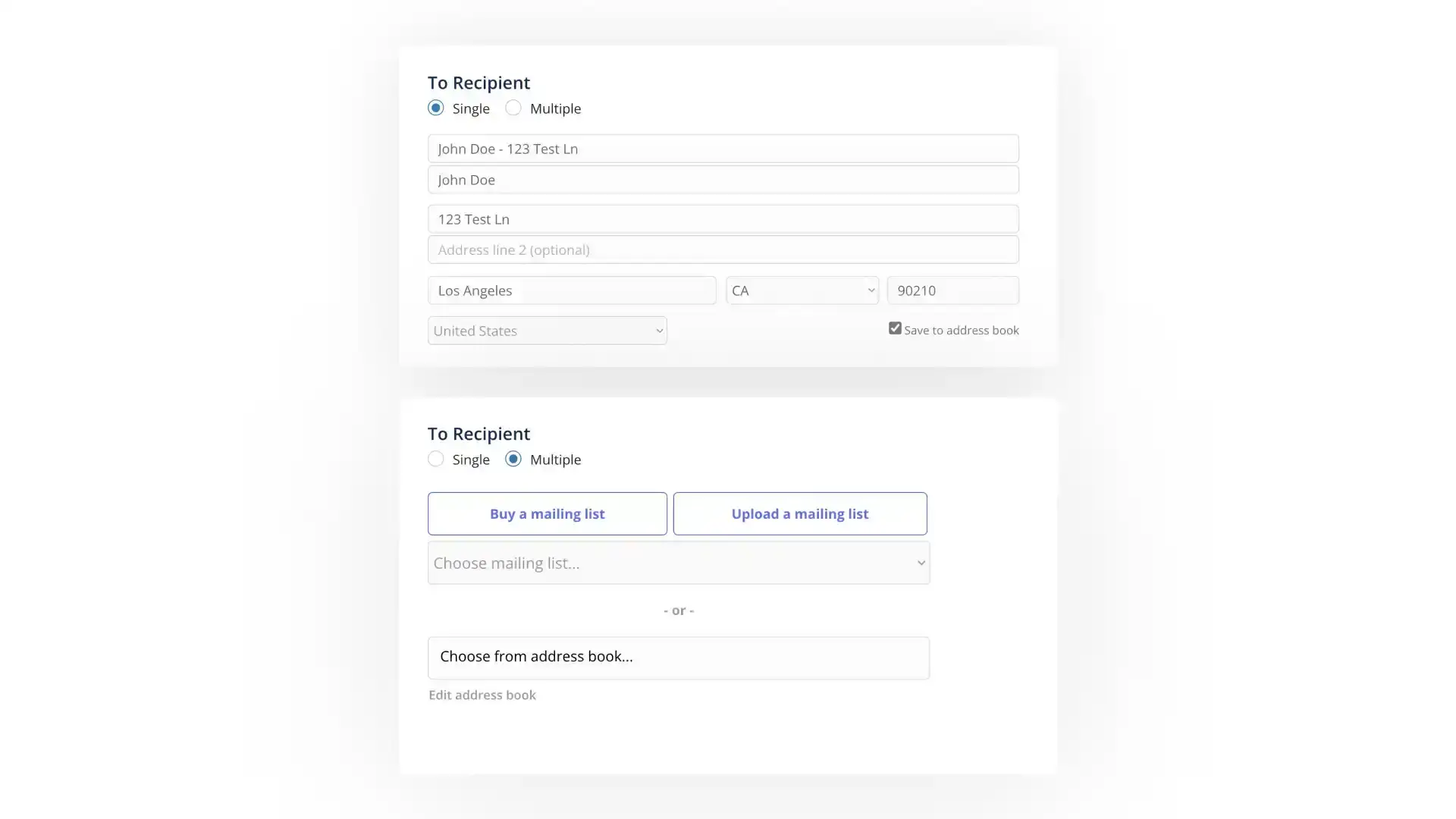 DocuPost Send Postcard To Recipient screen with options for single or multiple recipients.