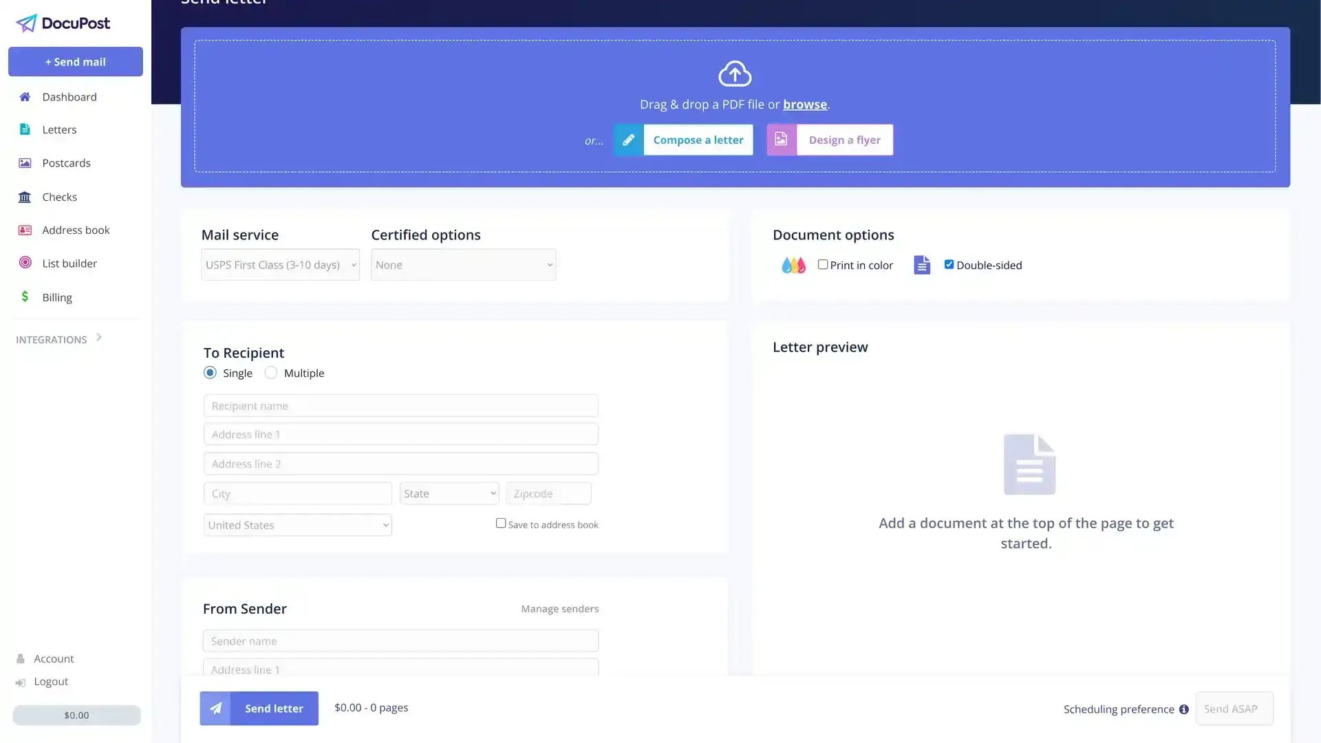 DocuPost Send Letter screen with options for uploading documents, selecting mail service, and entering recipient and sender information.