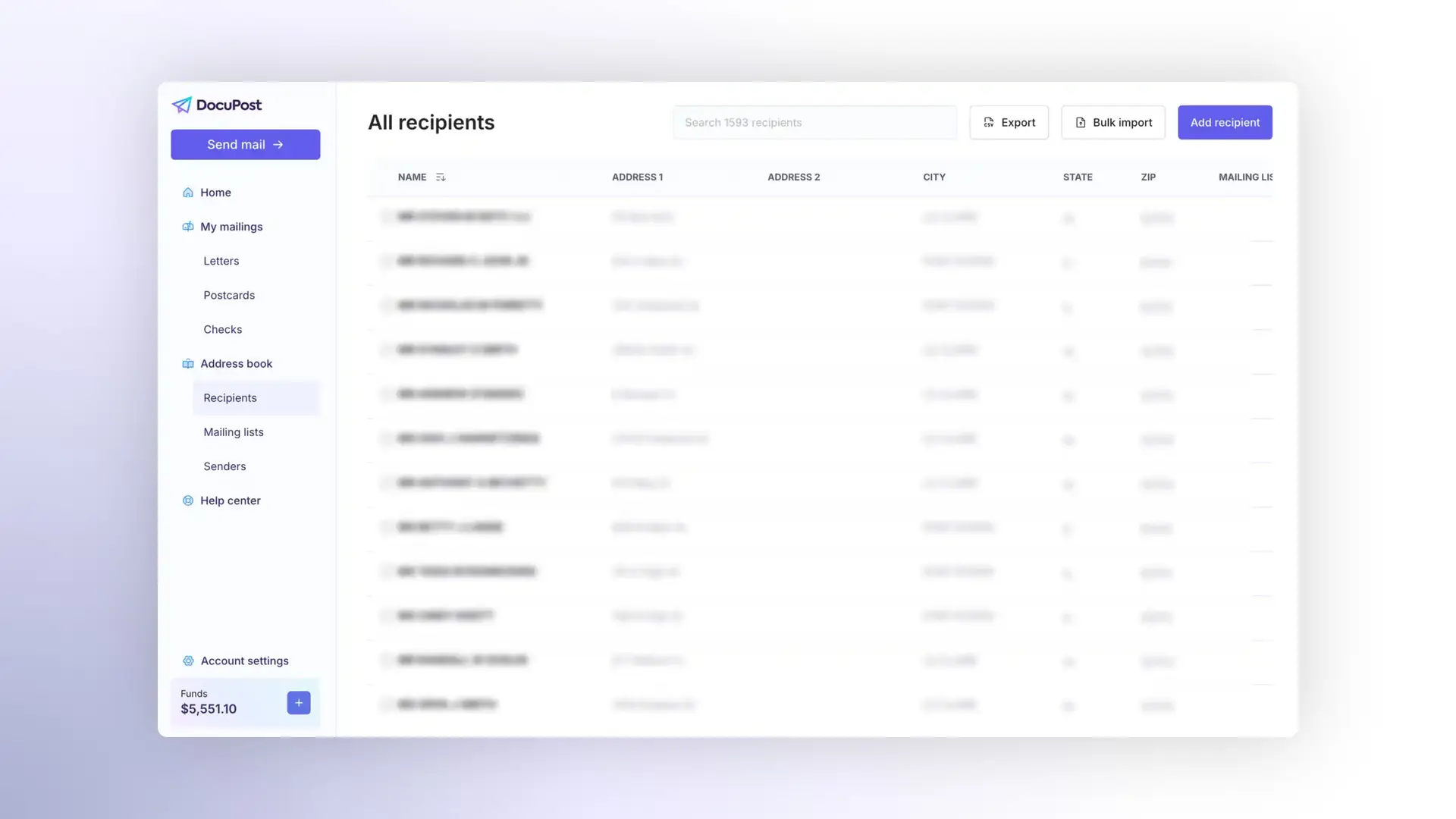DocuPost Address Book - All recipients page showing recipient list and management options.