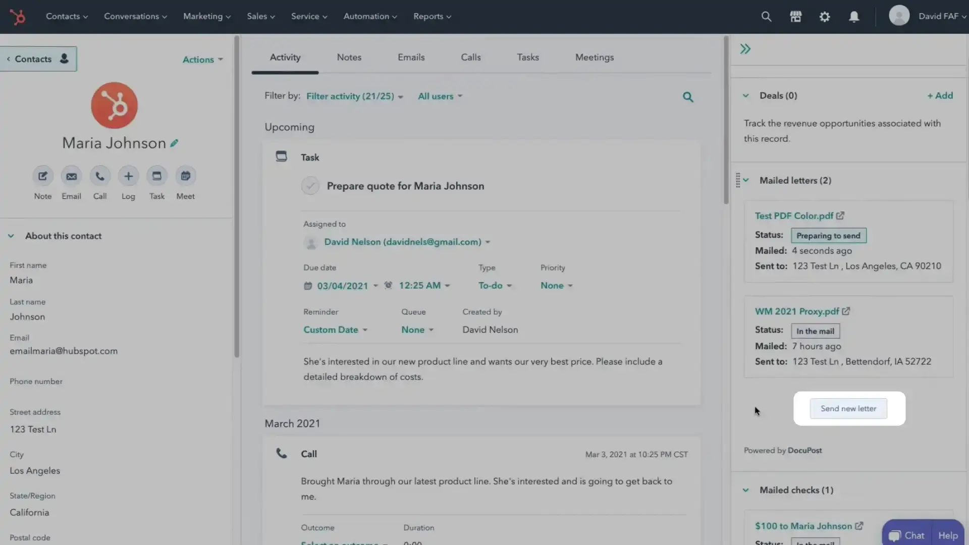 HubSpot contact management screen for Maria Johnson with DocuPost integration