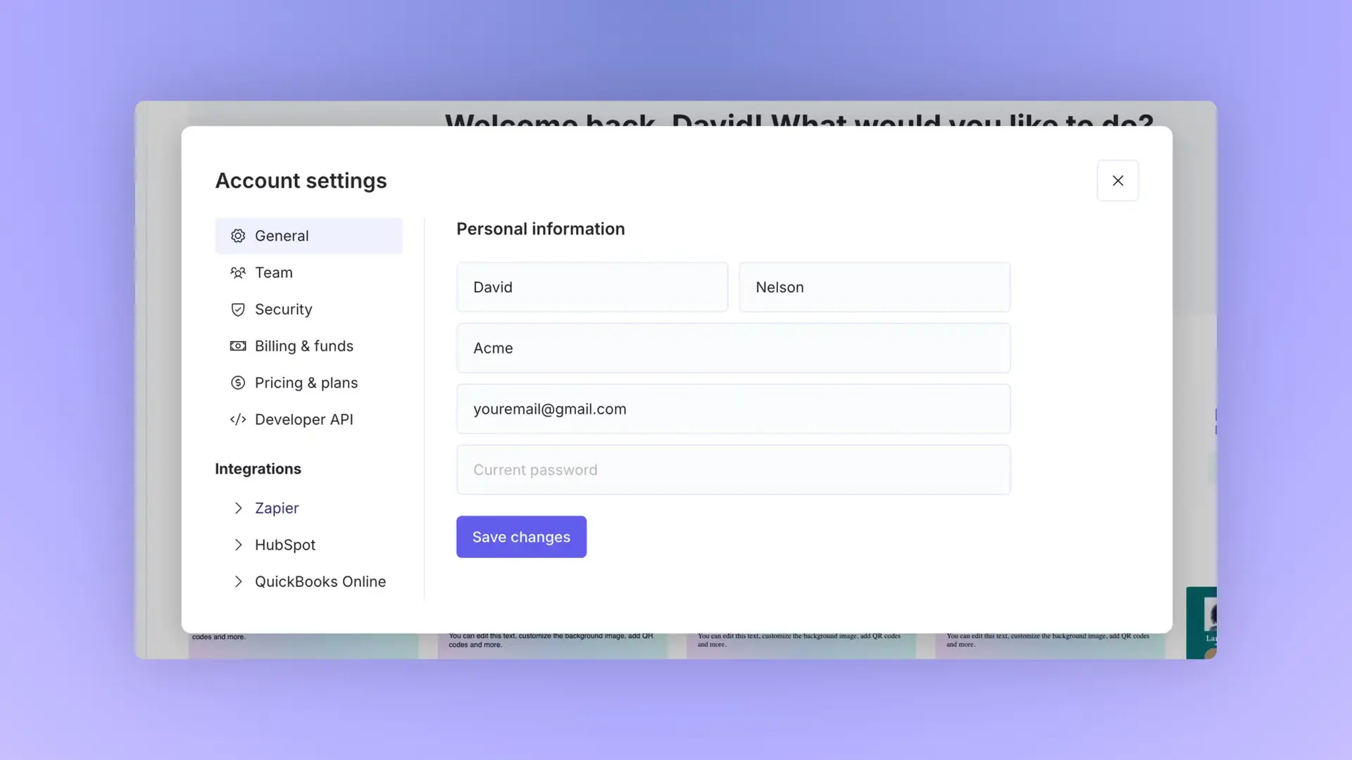 DocuPost Account settings General tab showing personal information form with fields for name, company, email, and password.