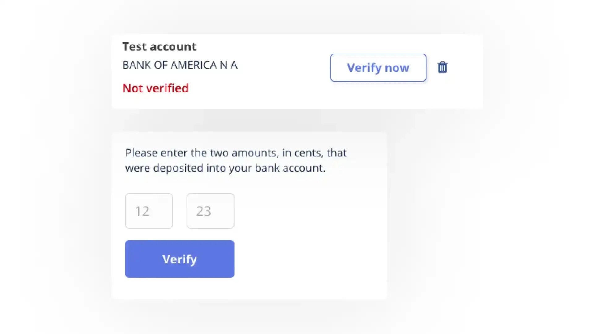 DocuPost bank account verification screen with input fields for deposit amounts.