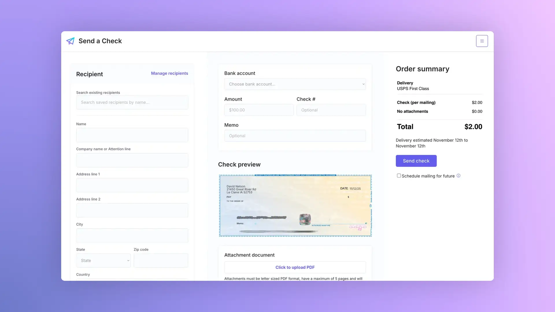 DocuPost Send a Check screen with recipient details, bank account selection, check preview, and order summary.