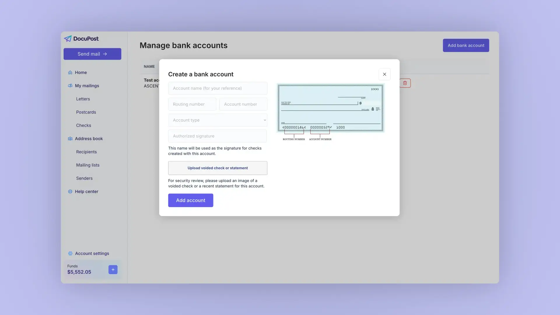 DocuPost Manage bank accounts page with Create a bank account pop-up