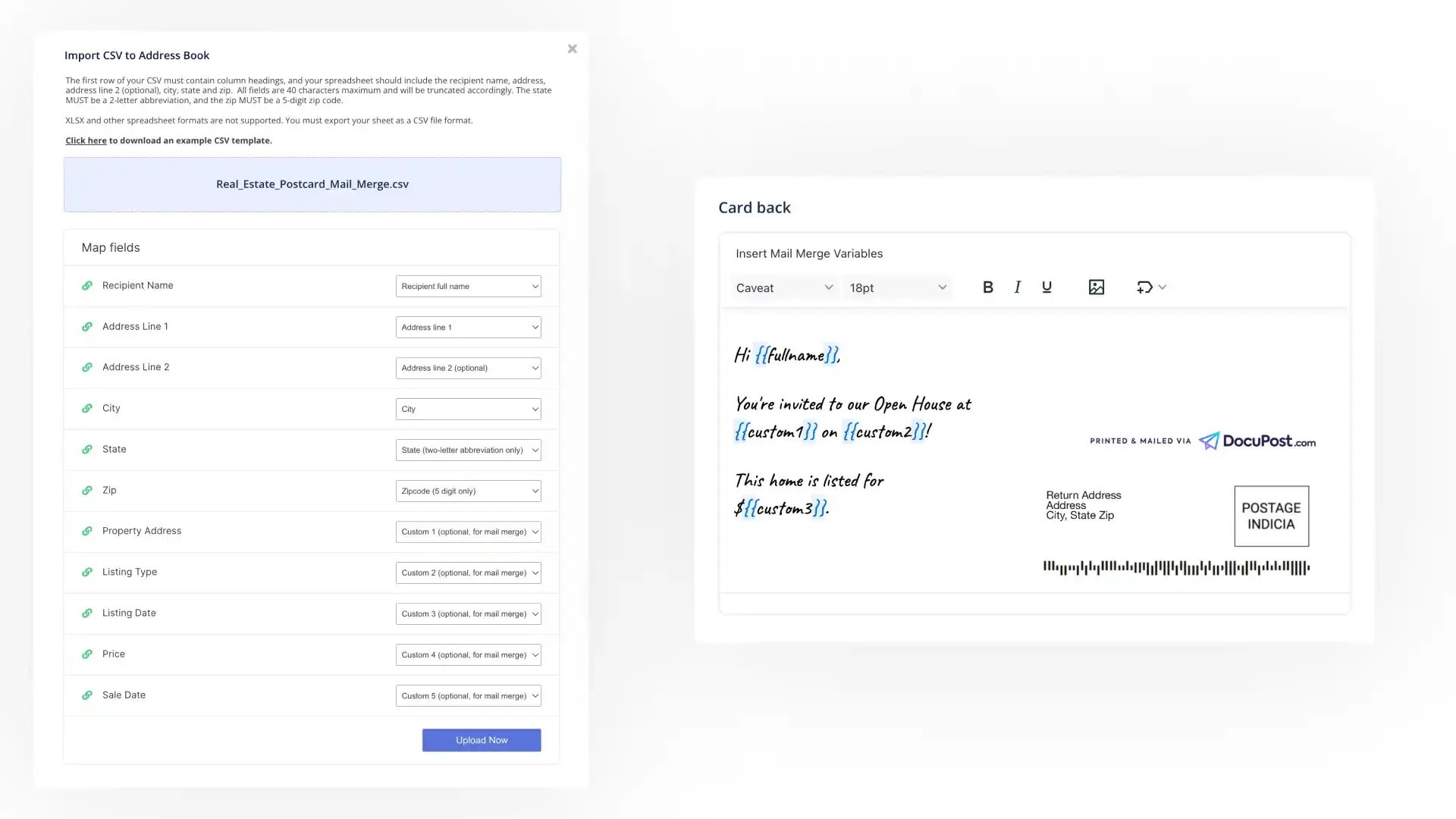 DocuPost interface showing CSV import for address book and postcard mail merge template.