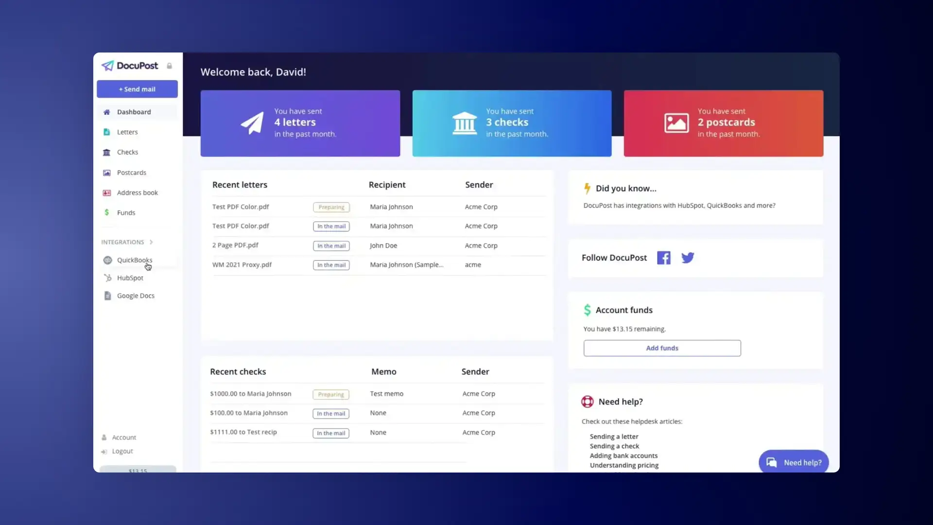 DocuPost Dashboard Quick Start screen showing recent activity and account information.