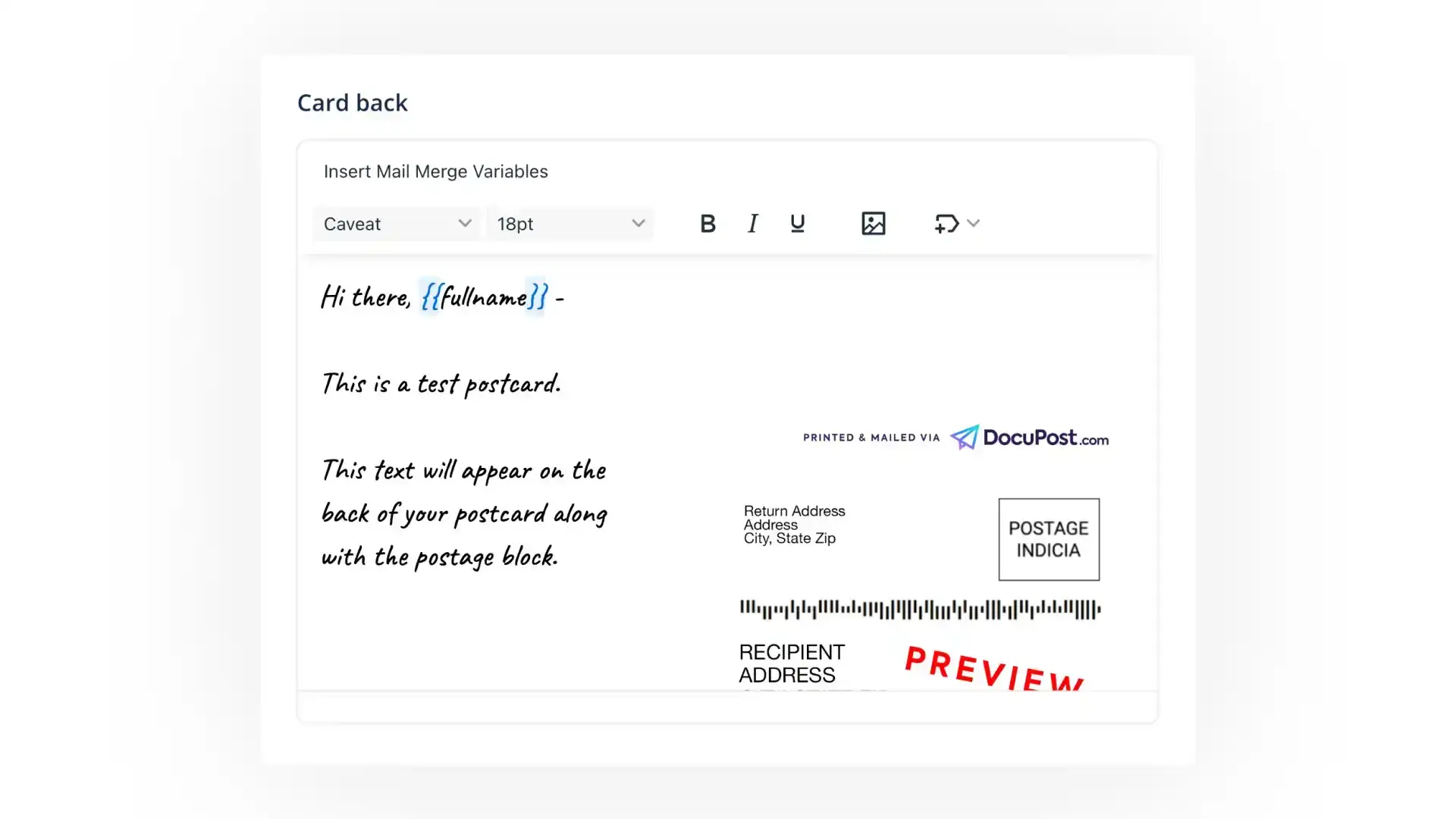 DocuPost Send Postcard feature showing card back design interface with text and preview.