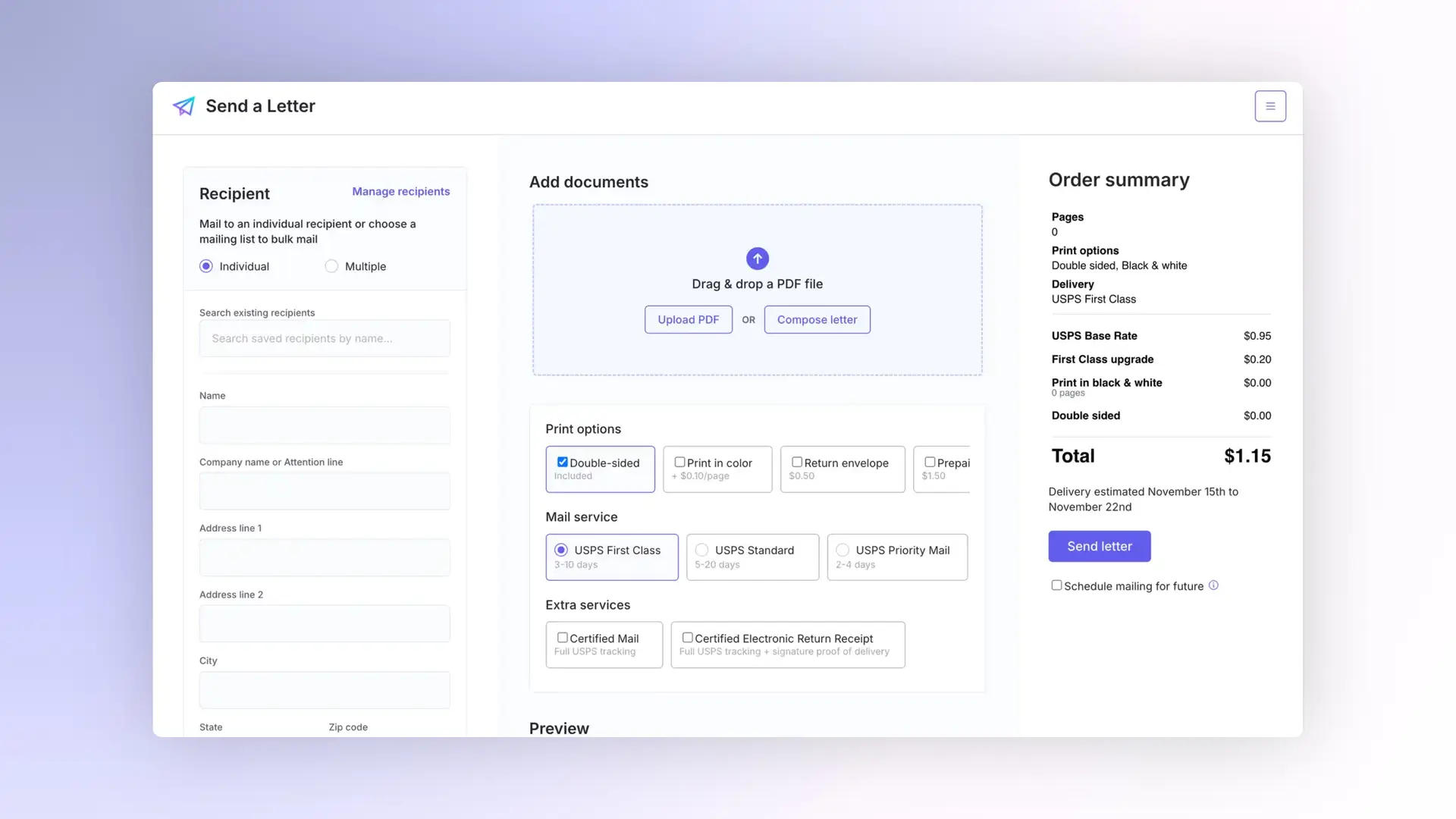 DocuPost Send a Letter screen with recipient details, document upload, print options, mail service, and order summary.