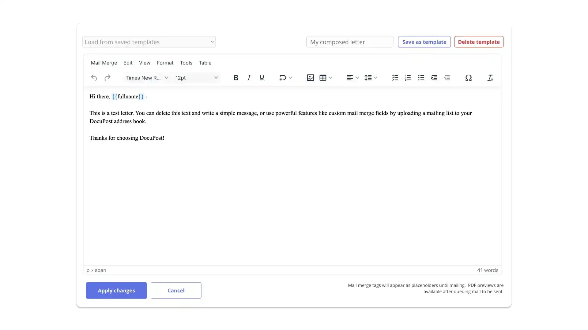 DocuPost Send Letter feature with template and mail merge options