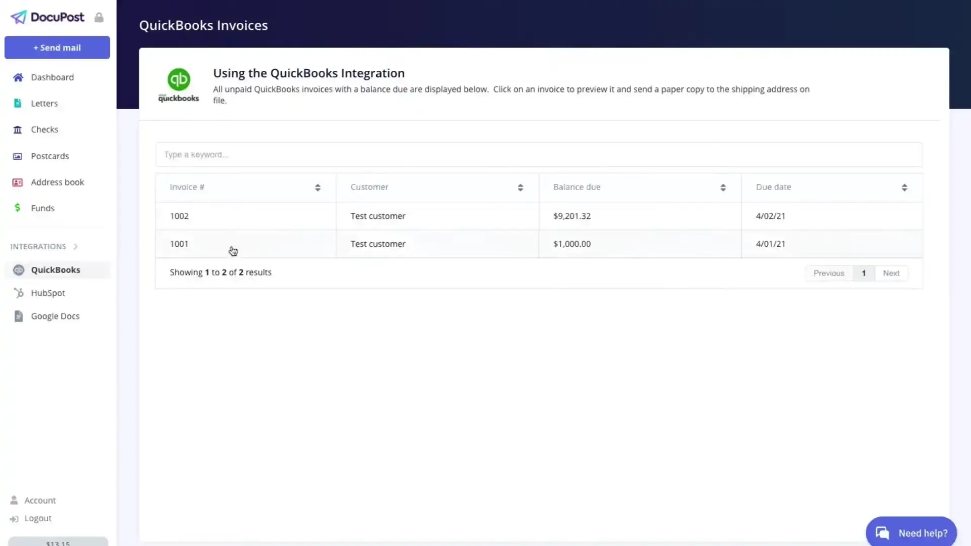 DocuPost QuickBooks Invoices integration page showing unpaid invoices with options to preview and send paper copies.