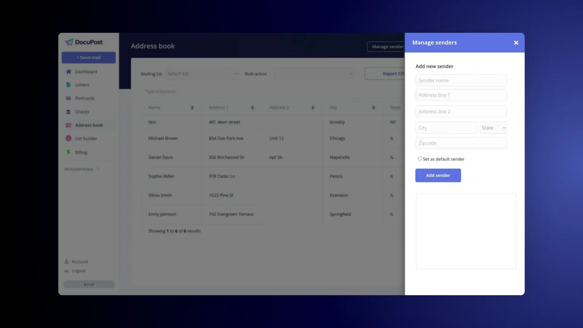 DocuPost Address Book with Manage Senders panel open