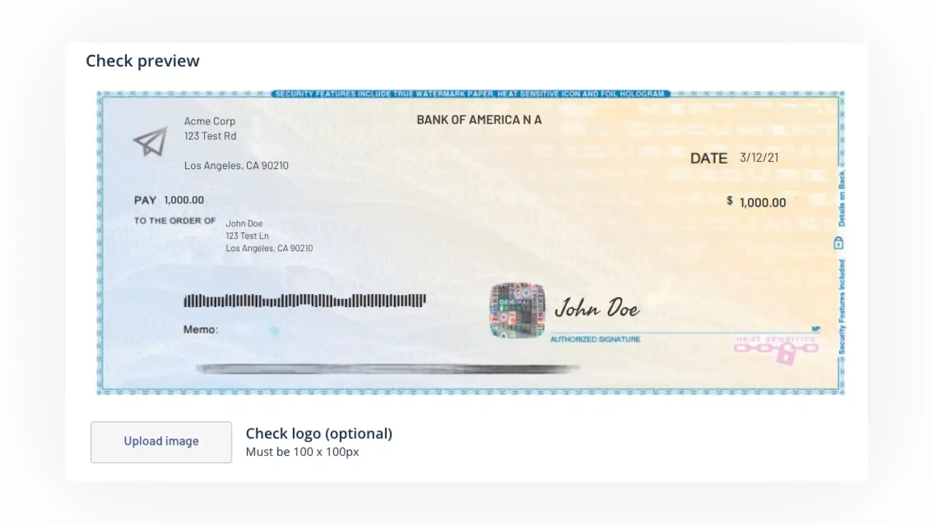 DocuPost Check preview screen showing a check from Acme Corp to John Doe for $1,000.00.